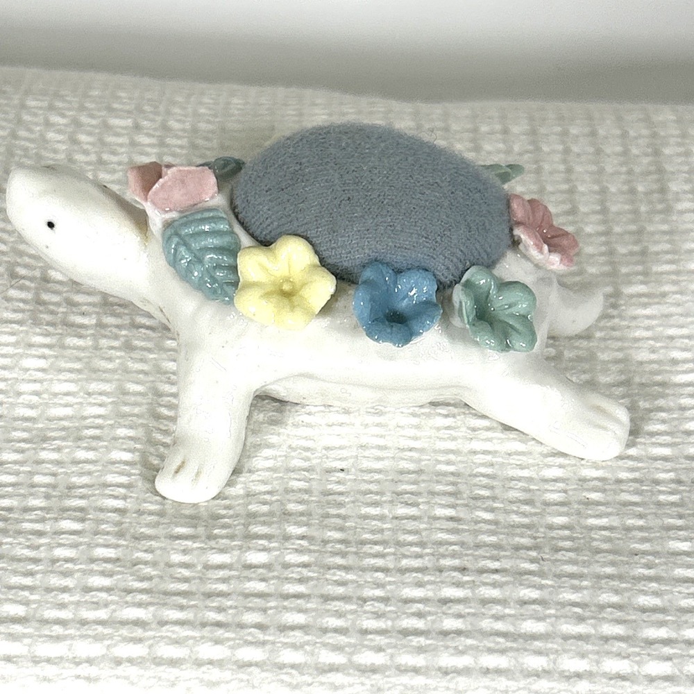 Vintage Tortoise Turtle Bone China Pin Cushion Pink Blue Yellow Flowers 3.5x3 in